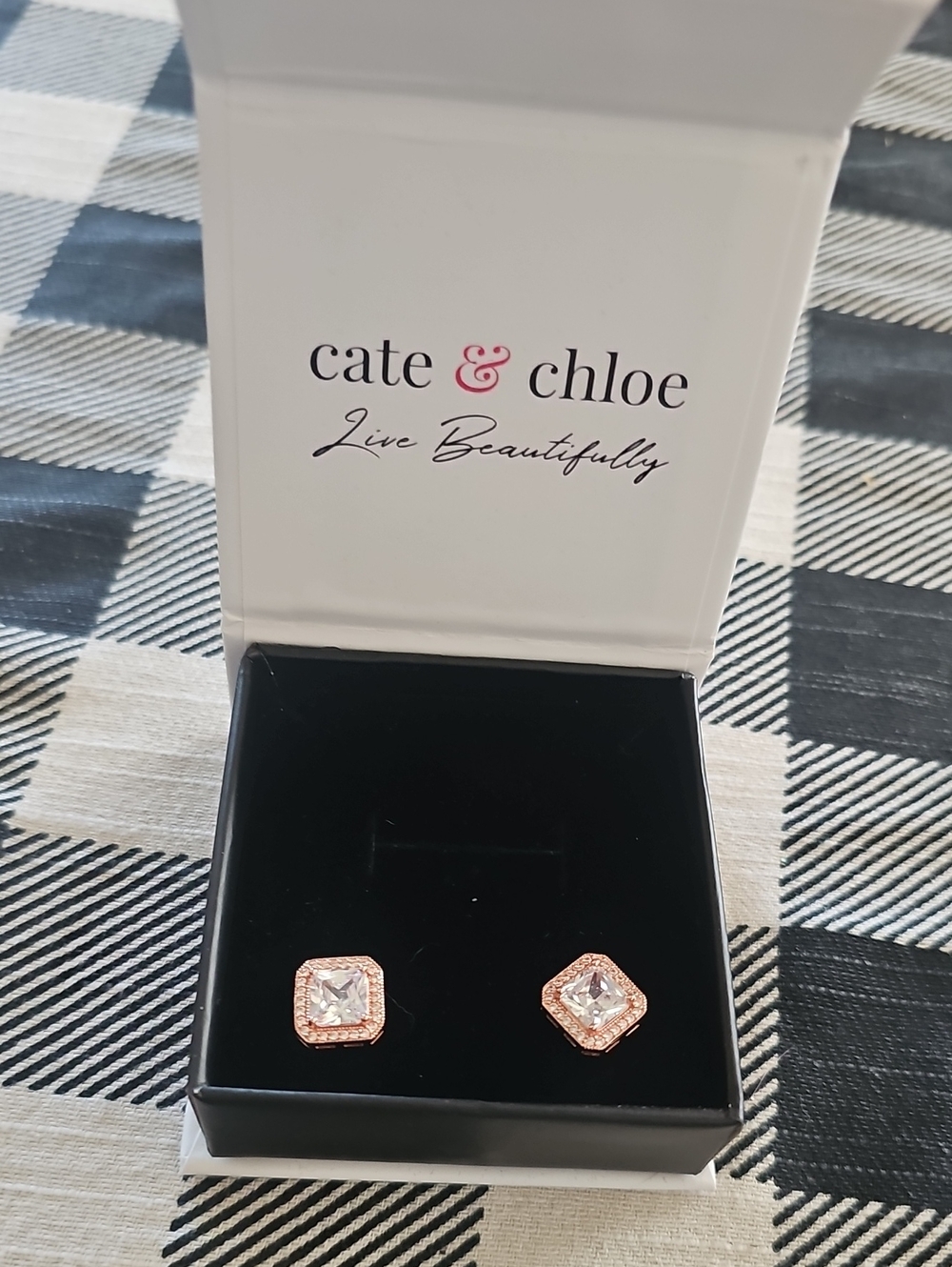 Cate & Chloe Rose Gold Square Halo Stud Earrings with Clear Stones